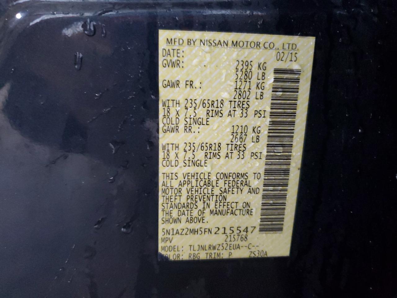 2015 Nissan Murano S VIN: 5N1AZ2MH5FN215547 Lot: 86515395