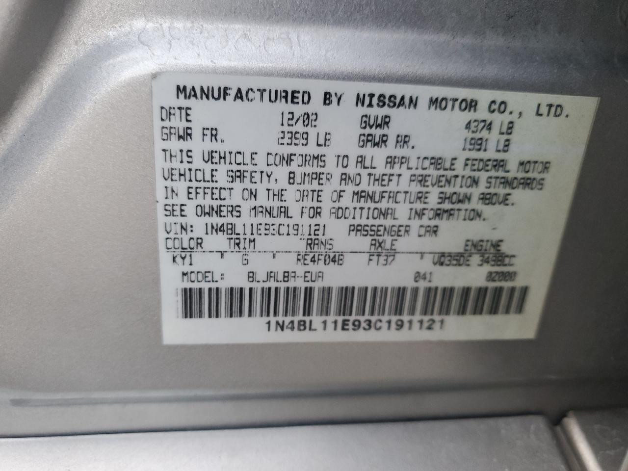 2003 Nissan Altima Se VIN: 1N4BL11E93C191121 Lot: 82309335