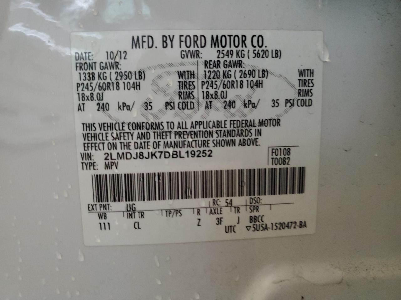 2014 Lincoln Mkx VIN: 2LMDJ8JK7DBL19252 Lot: 86077265