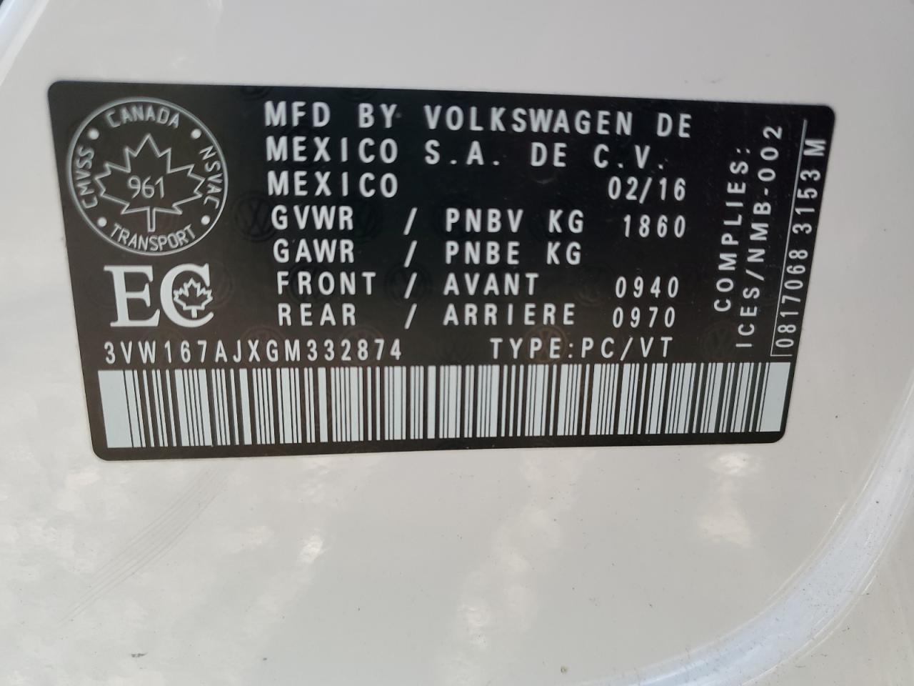 2016 Volkswagen Jetta S VIN: 3VW167AJXGM332874 Lot: 86151875