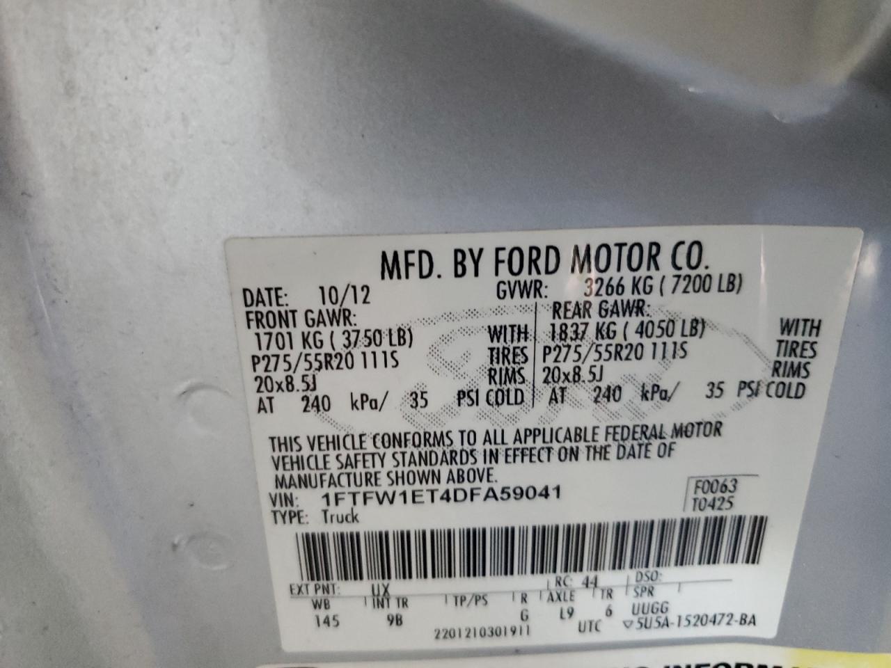 2013 Ford F150 Supercrew VIN: 1FTFW1ET4DFA59041 Lot: 86314105