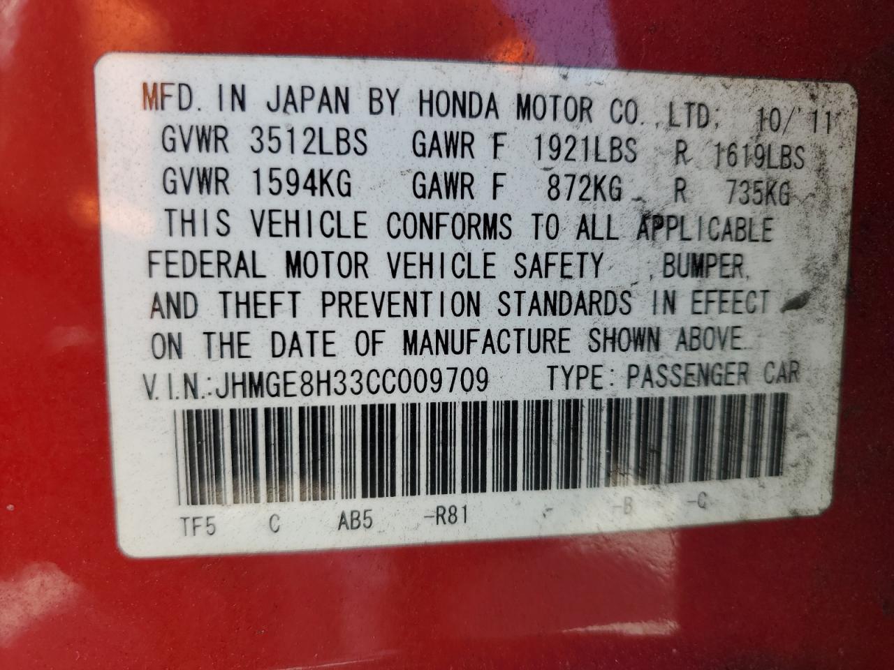 2012 Honda Fit VIN: JHMGE8H33CC009709 Lot: 81964175