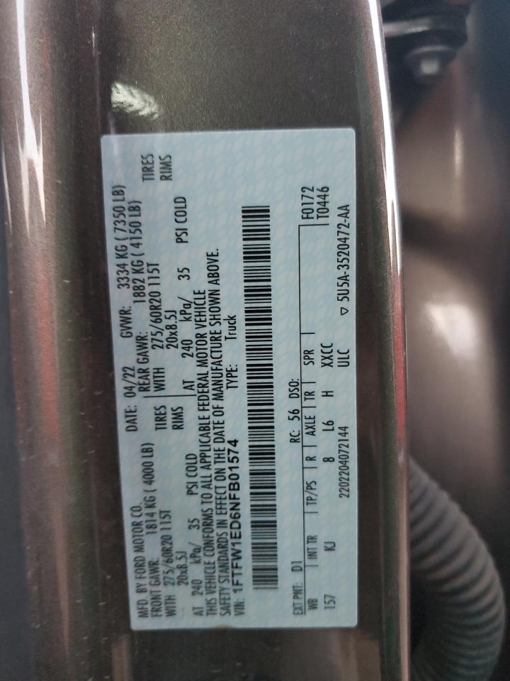 2022 Ford F150 Supercrew VIN: 1FTFW1ED6NFB01574 Lot: 93697375