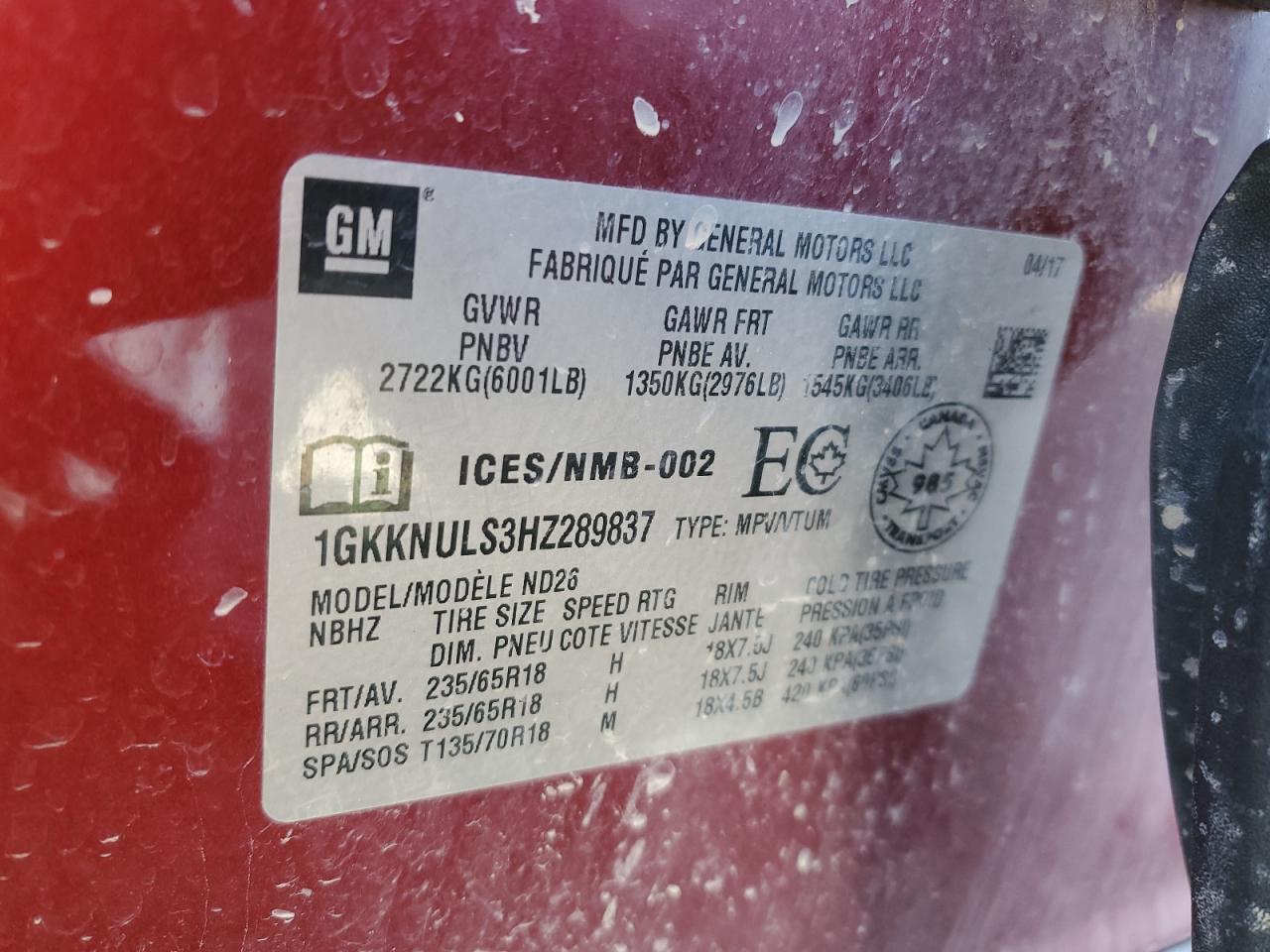 2017 GMC Acadia Slt-1 VIN: 1GKKNULS3HZ289837 Lot: 84245965