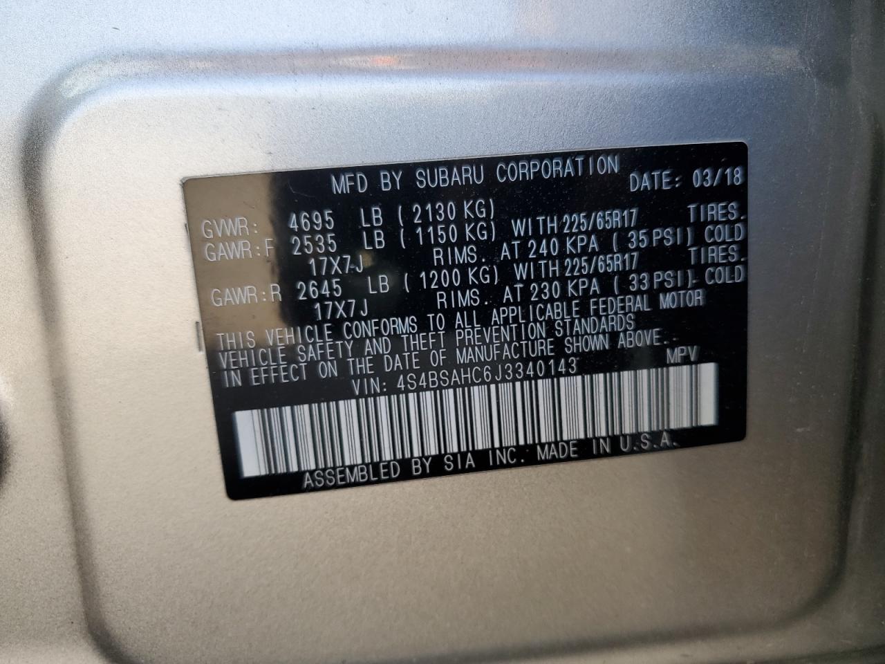 2018 Subaru Outback 2.5I Premium VIN: 4S4BSAHC6J3340143 Lot: 82447015
