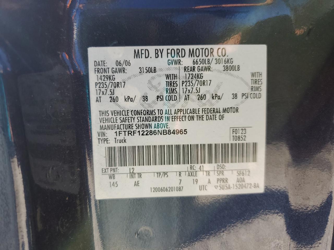 2006 Ford F150 VIN: 1FTRF12286NB84965 Lot: 86522575