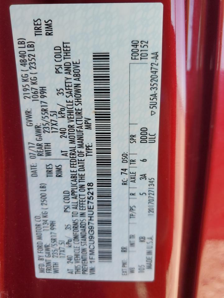 2017 Ford Escape Se VIN: 1FMCU9G97HUE75218 Lot: 89705995