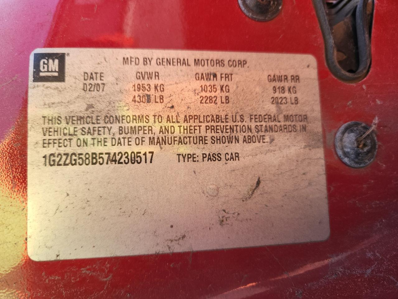 2007 Pontiac G6 Base VIN: 1G2ZG58B574230517 Lot: 81962965