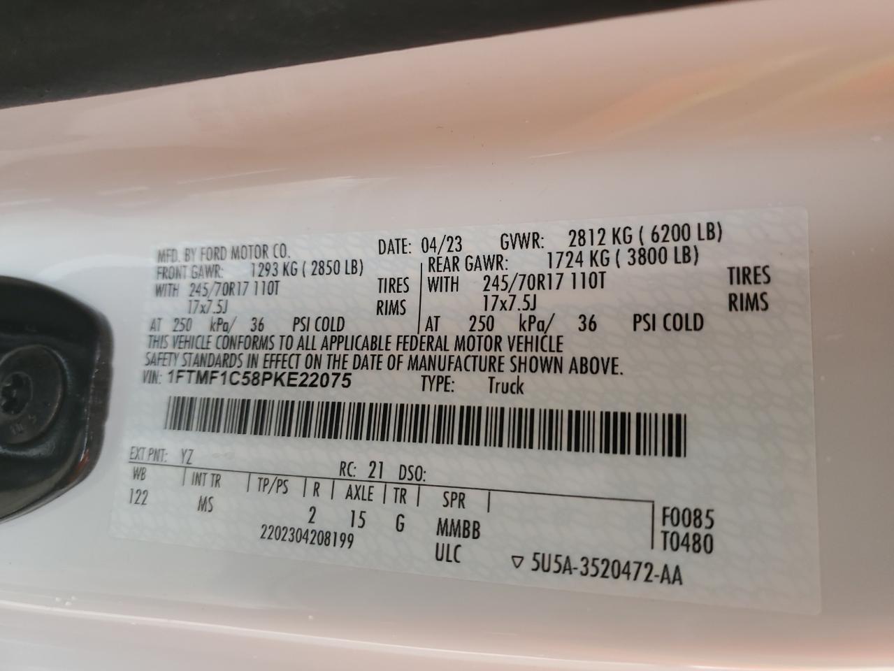 2023 Ford F150 VIN: 1FTMF1C58PKE22075 Lot: 82773595