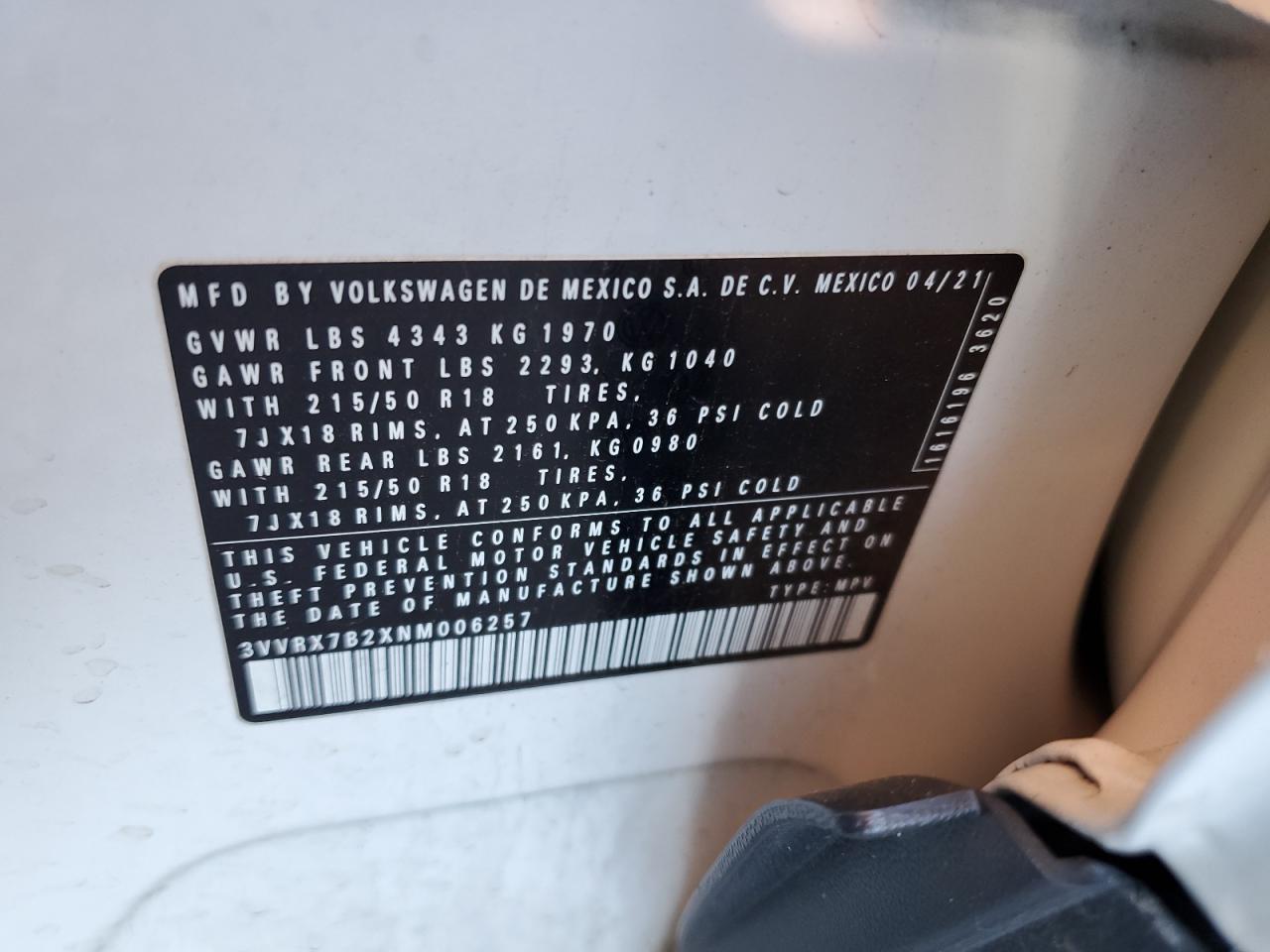 2022 Volkswagen Taos Se VIN: 3VVRX7B2XNM006257 Lot: 87368775