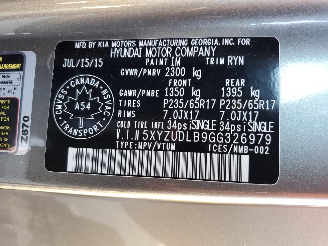 2016 Hyundai Santa Fe Sport VIN: 5XYZUDLB9GG326979 Lot: 82029625