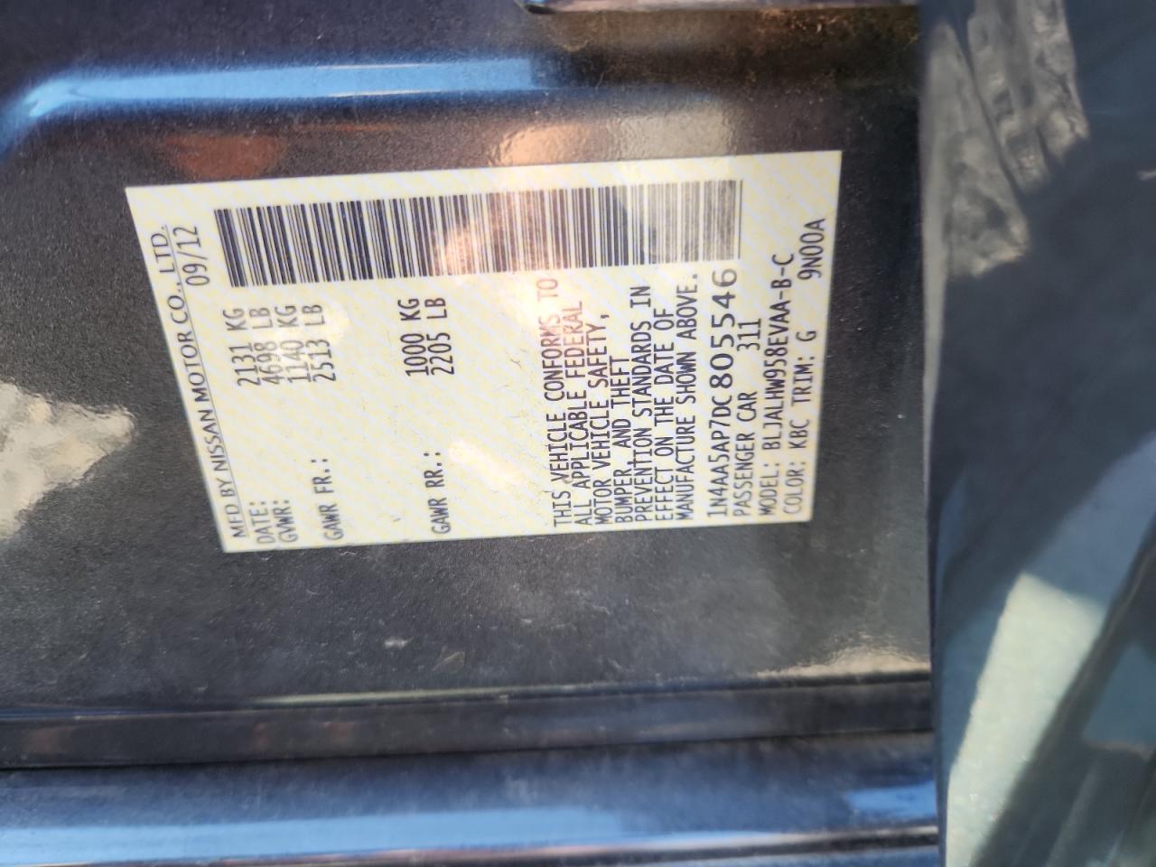 2013 Nissan Maxima S VIN: 1N4AA5AP7DC805546 Lot: 90277625