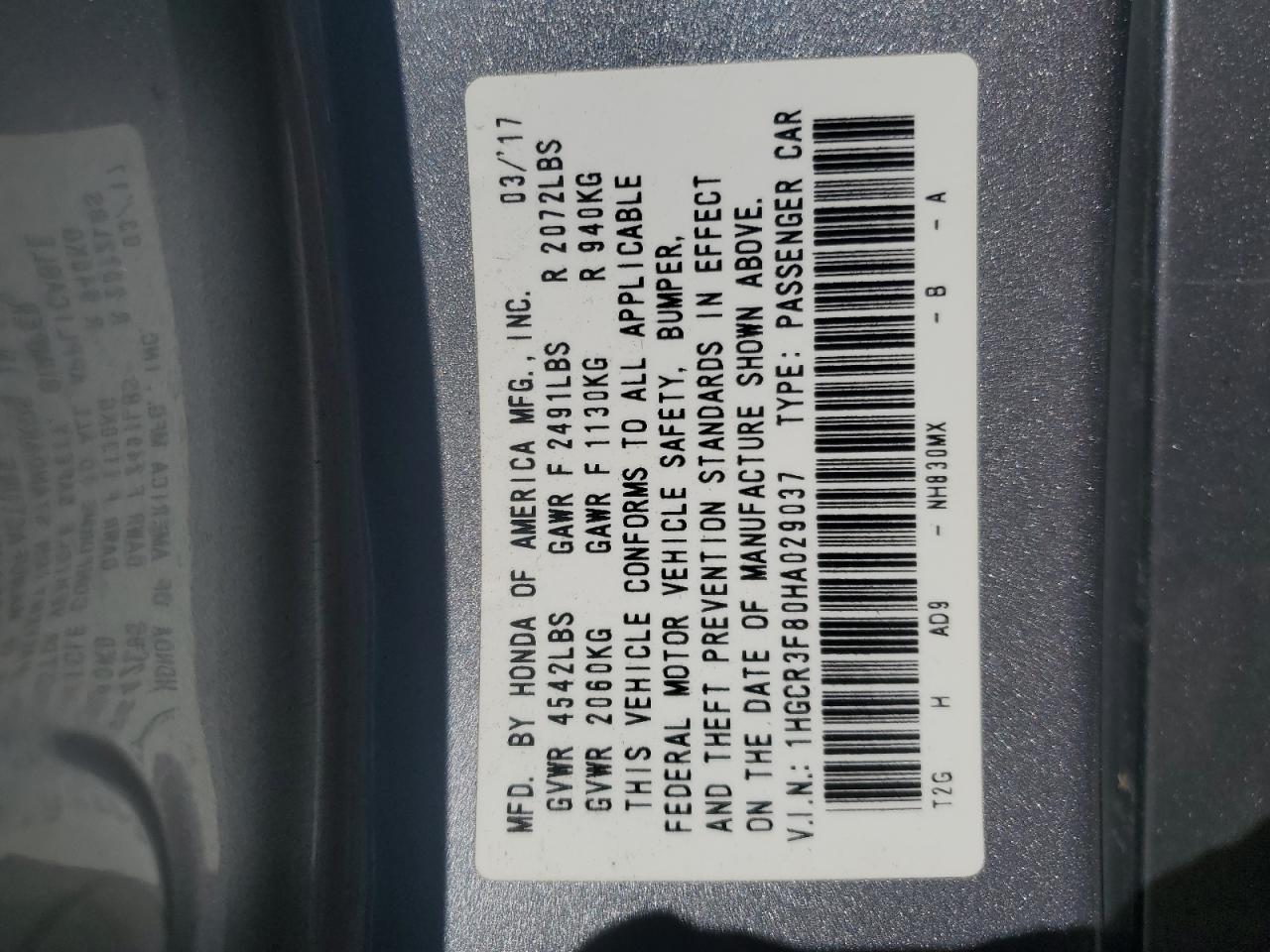 2017 Honda Accord Exl VIN: 1HGCR3F80HA029037 Lot: 85925665