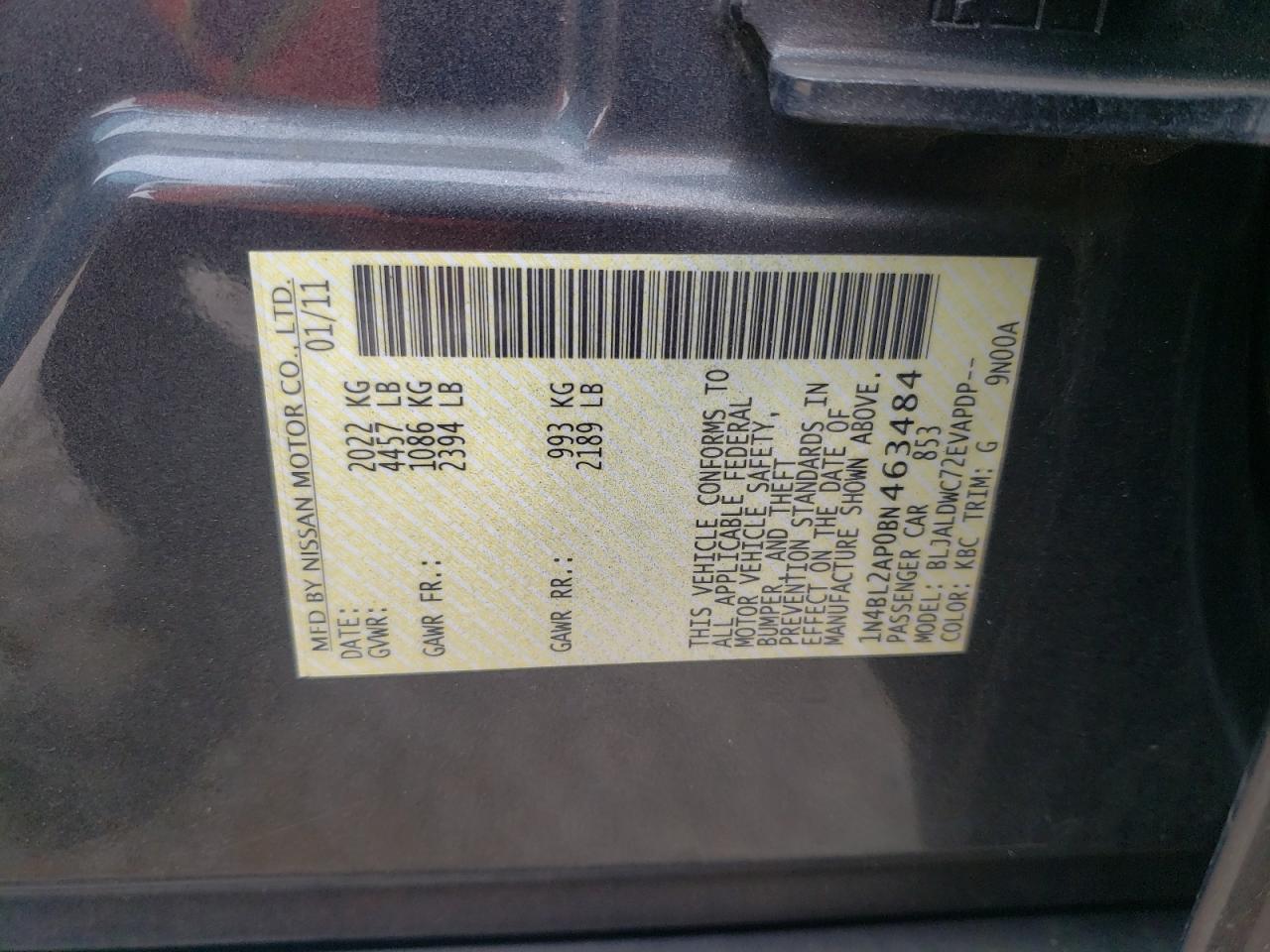 2011 Nissan Altima Sr VIN: 1N4BL2AP0BN463484 Lot: 82269645