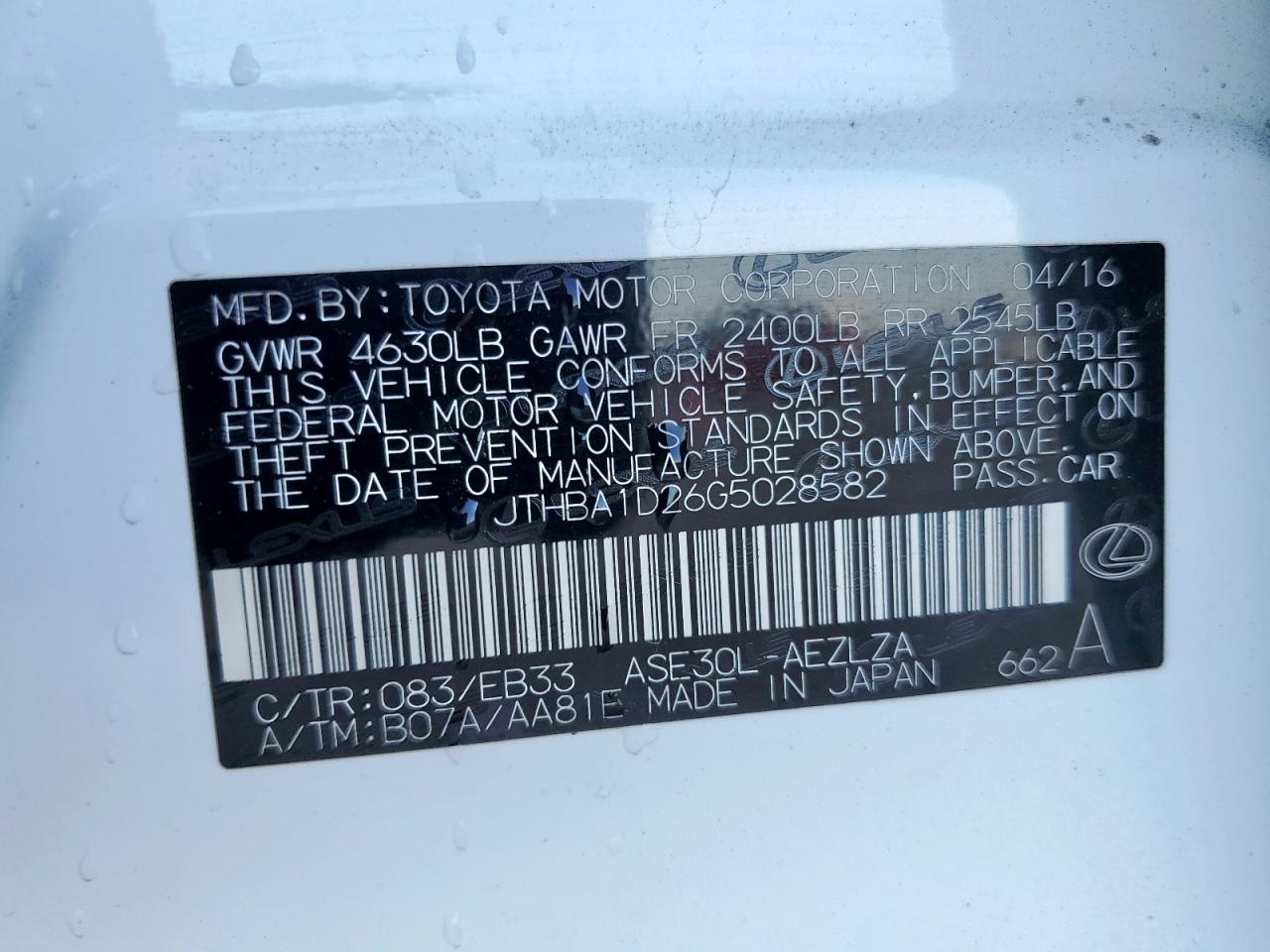 2016 Lexus Is 200T VIN: JTHBA1D26G5028582 Lot: 85497685