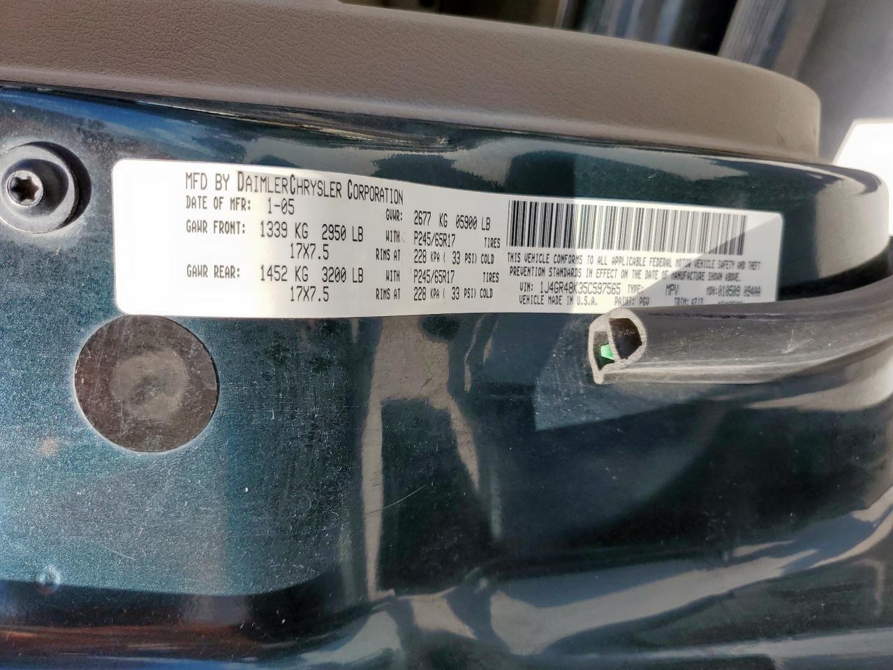 2005 Jeep Grand Cherokee Laredo VIN: 1J4GR48K35C597565 Lot: 85476995