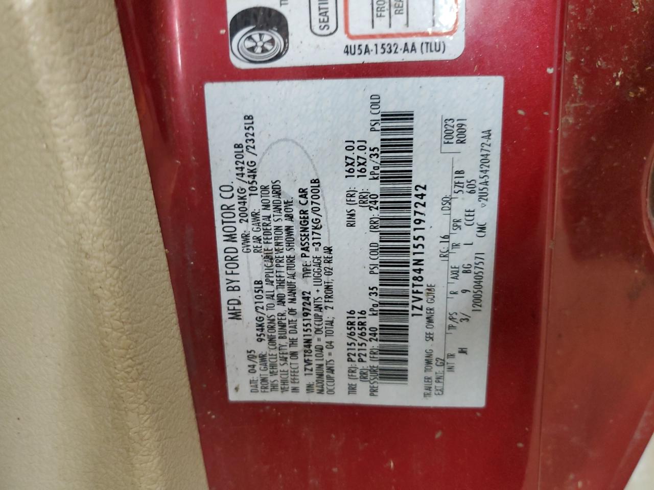 2005 Ford Mustang VIN: 1ZVFT84N155197242 Lot: 86539625