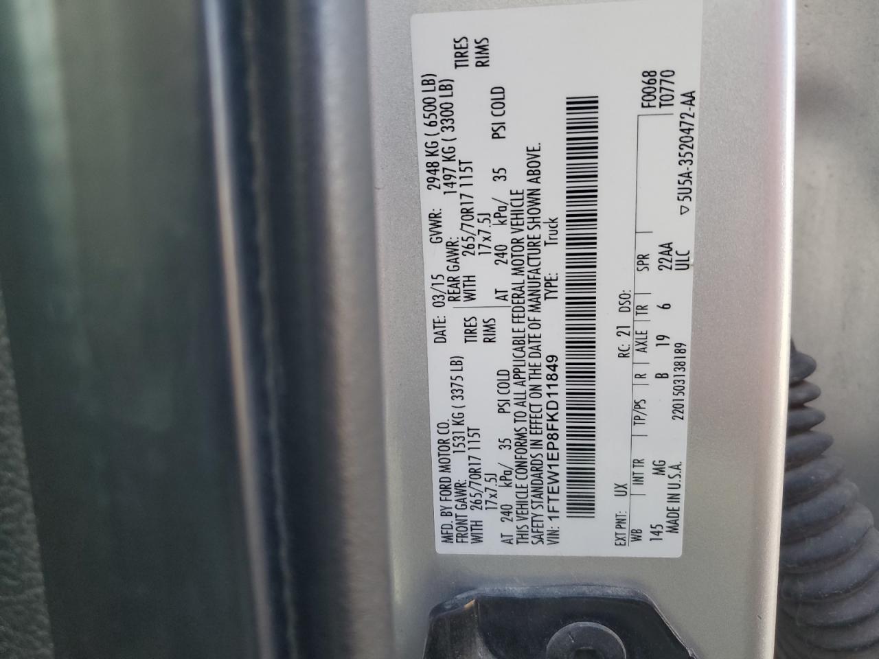 2015 Ford F150 Supercrew VIN: 1FTEW1EP8FKD11849 Lot: 89815165