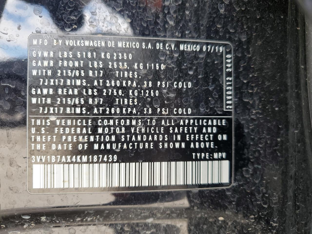2019 Volkswagen Tiguan S VIN: 3VV1B7AX4KM187439 Lot: 85867615
