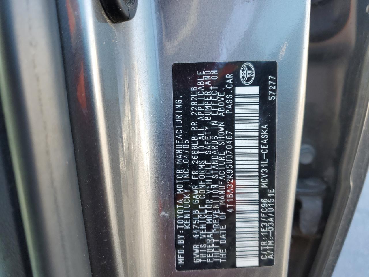 2005 Toyota Camry Se VIN: 4T1BA32K95U070467 Lot: 86076855