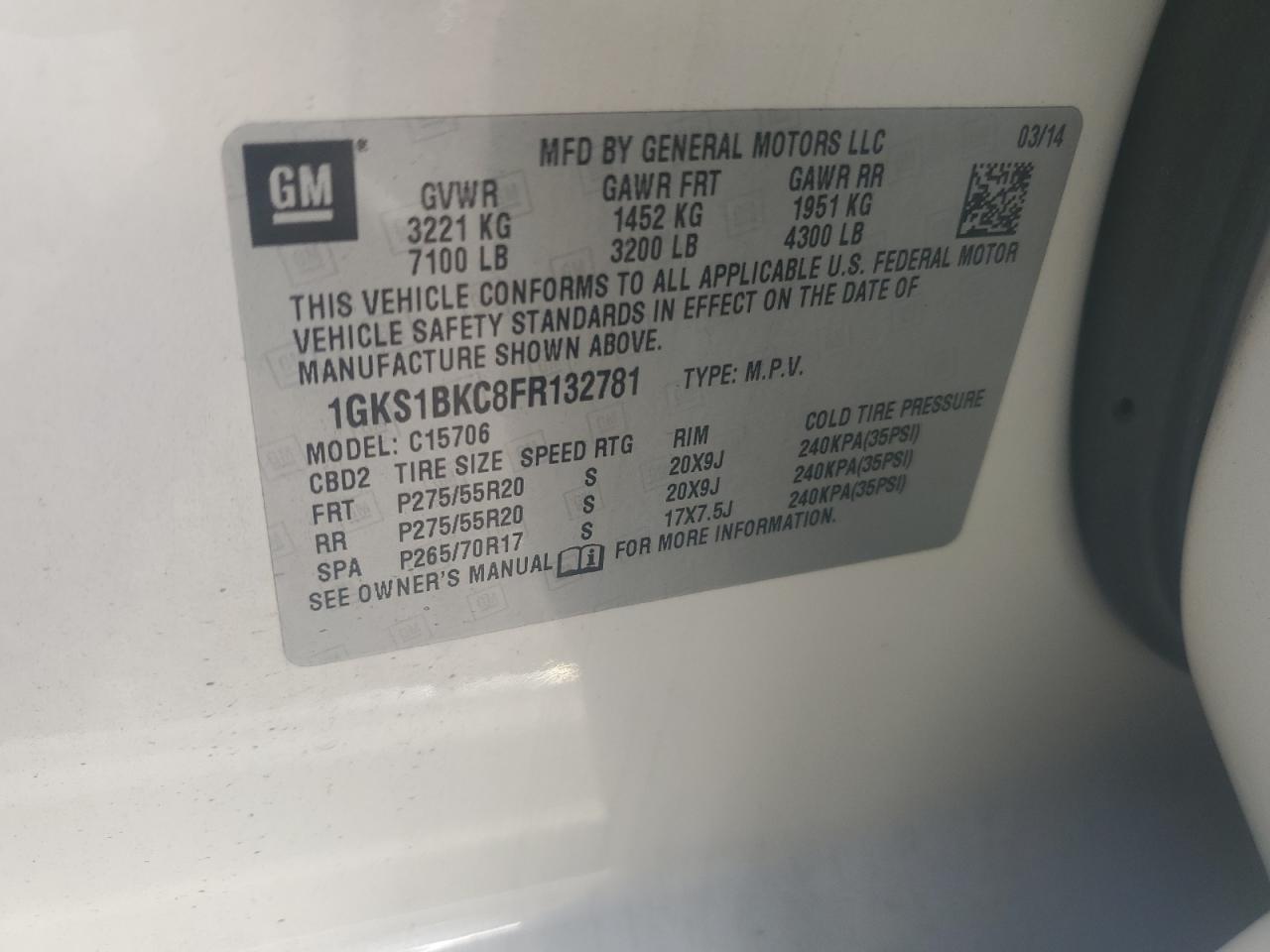 2015 GMC Yukon Slt VIN: 1GKS1BKC8FR132781 Lot: 85185945