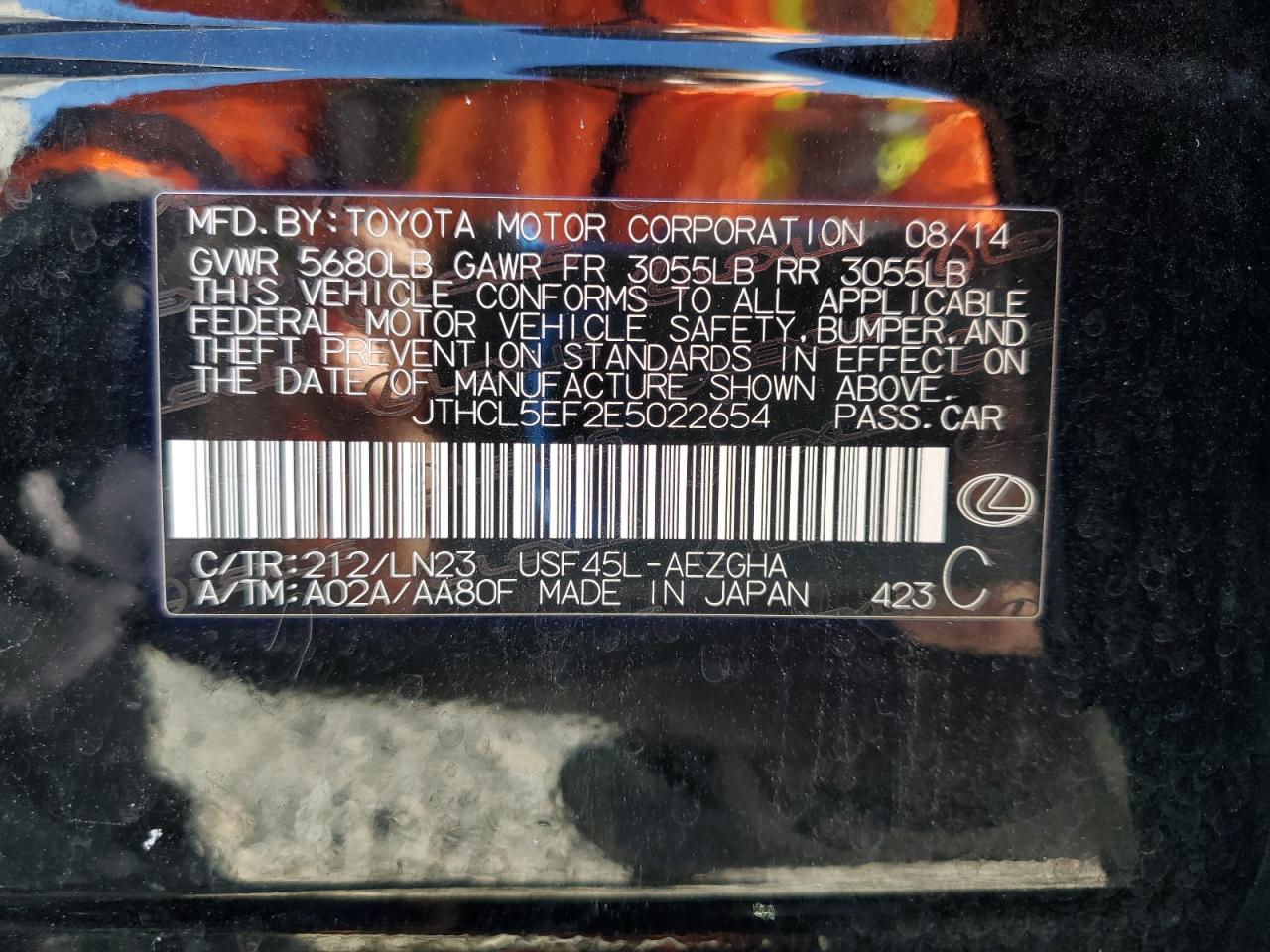 2014 Lexus Ls 460 VIN: JTHCL5EF2E5022654 Lot: 90205495