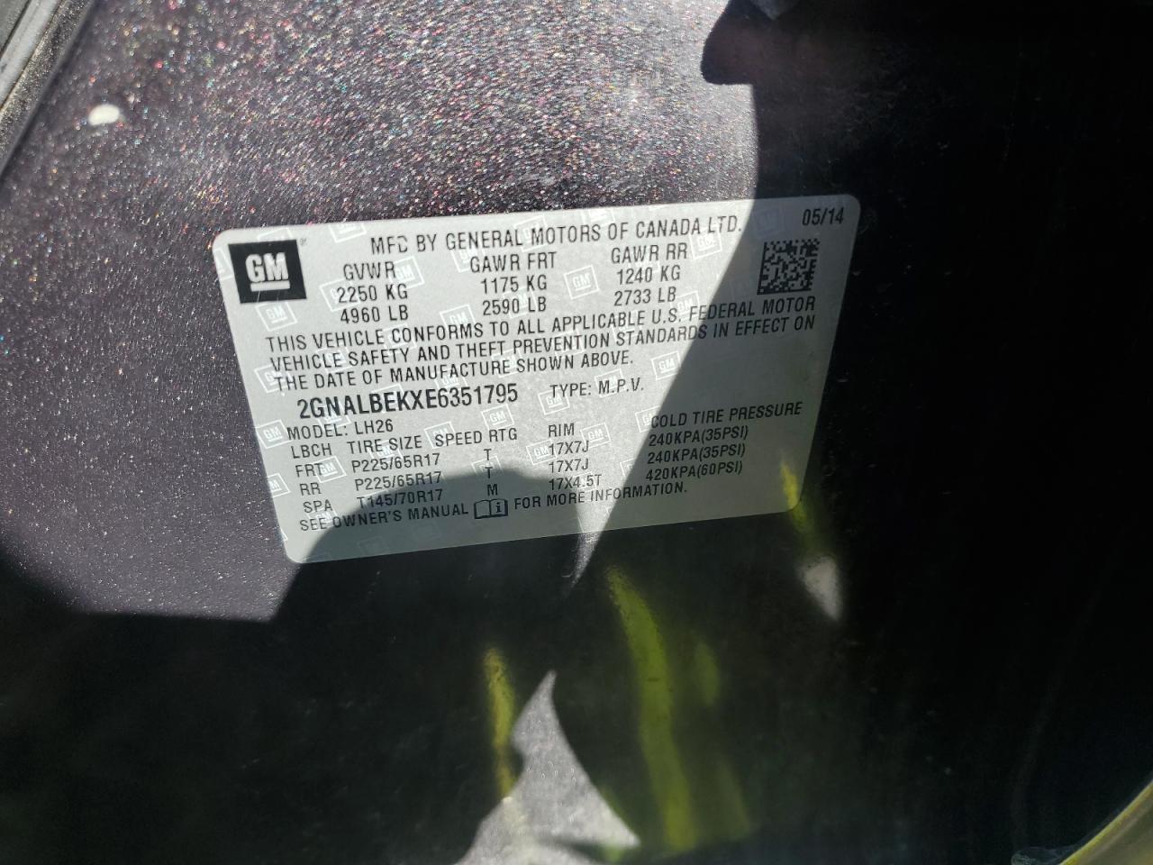 2014 Chevrolet Equinox Lt VIN: 2GNALBEKXE6351795 Lot: 82217285