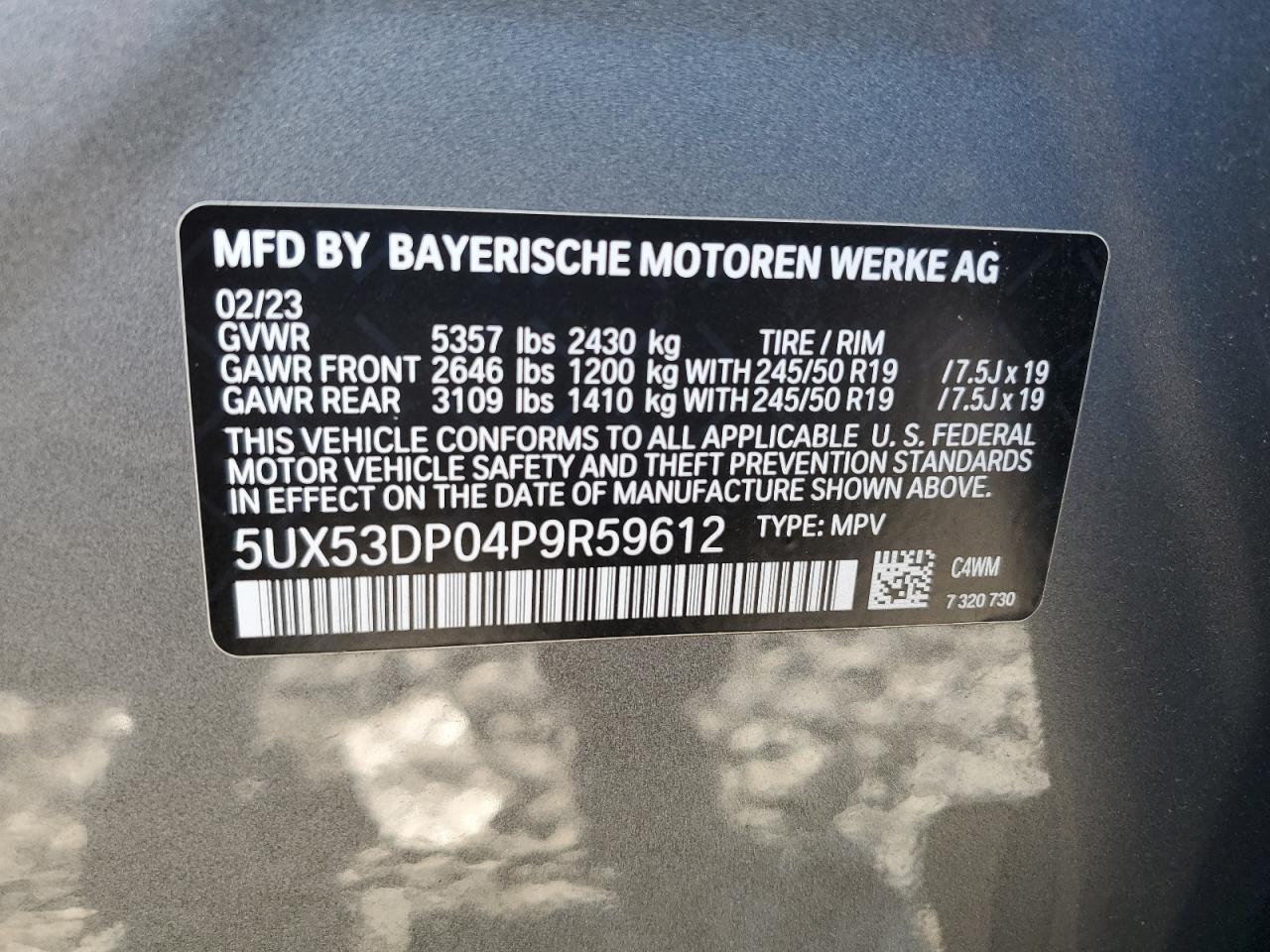 2023 BMW X3 xDrive30I VIN: 5UX53DP04P9R59612 Lot: 85087735