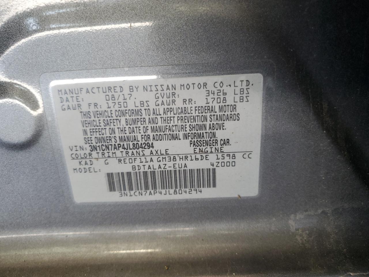 2018 Nissan Versa S VIN: 3N1CN7AP4JL804294 Lot: 84942525