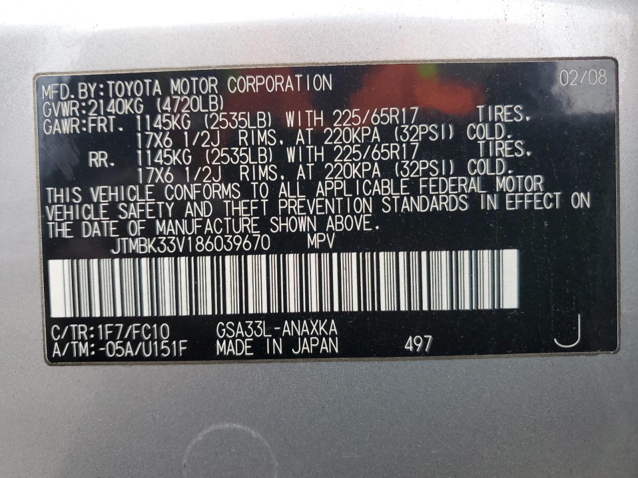 2008 Toyota Rav4 VIN: JTMBK33V186039670 Lot: 90439765