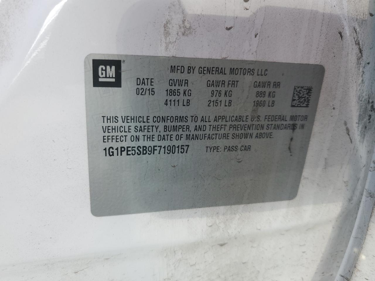 2015 Chevrolet Cruze Lt VIN: 1G1PE5SB9F7190157 Lot: 82216965