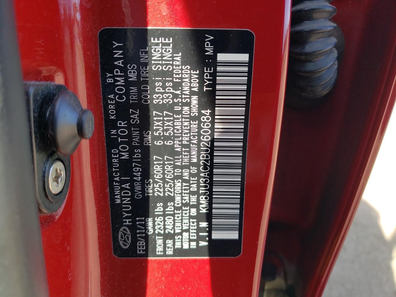 2011 Hyundai Tucson Gls VIN: KM8JU3AC2BU260684 Lot: 85520615