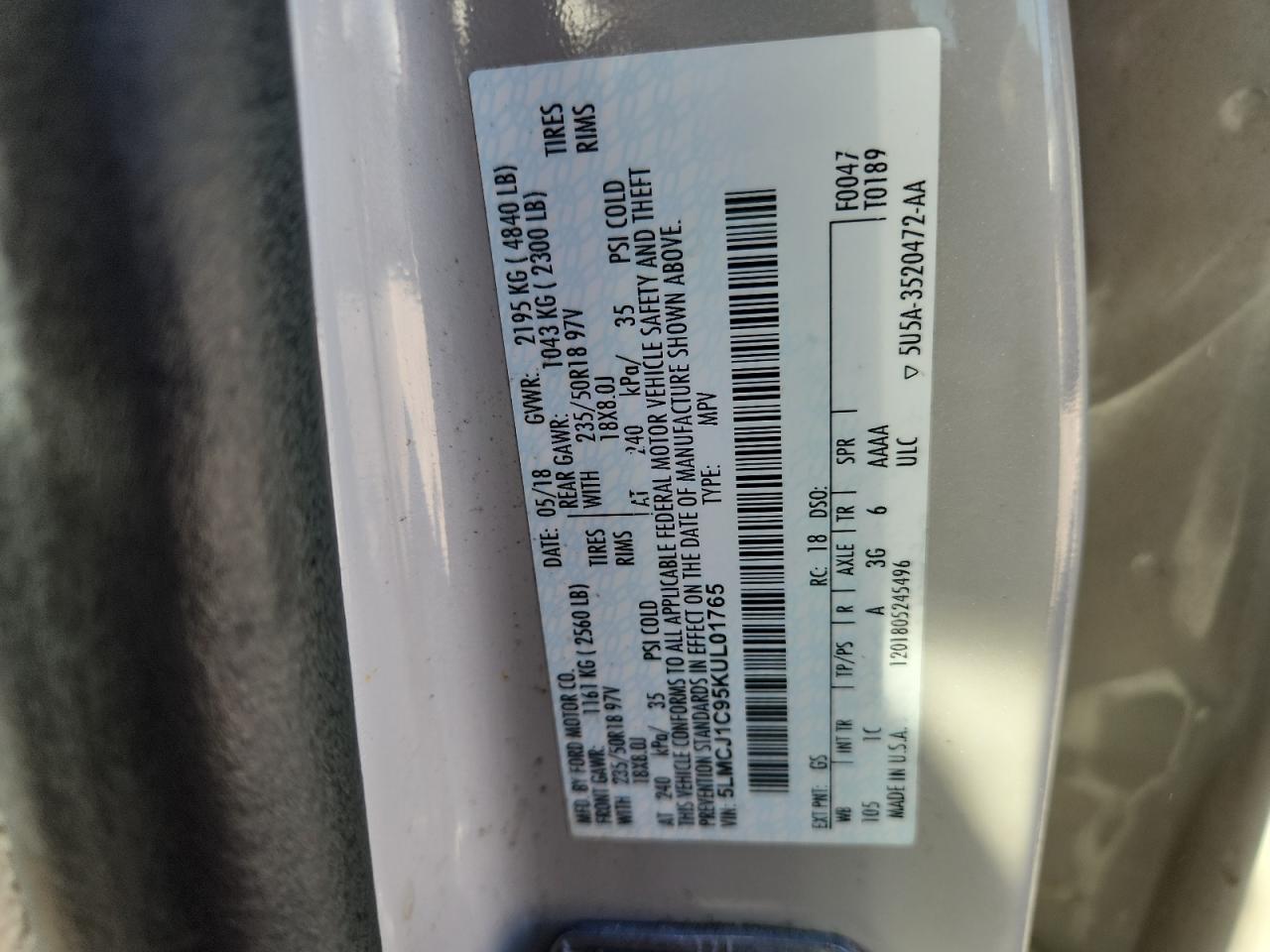 2019 Lincoln Mkc VIN: 5LMCJ1C95KUL01765 Lot: 86893265