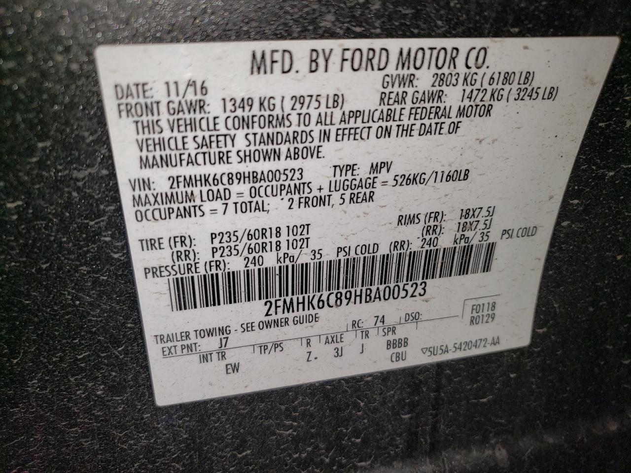 2017 Ford Flex Sel VIN: 2FMHK6C89HBA00523 Lot: 87117885