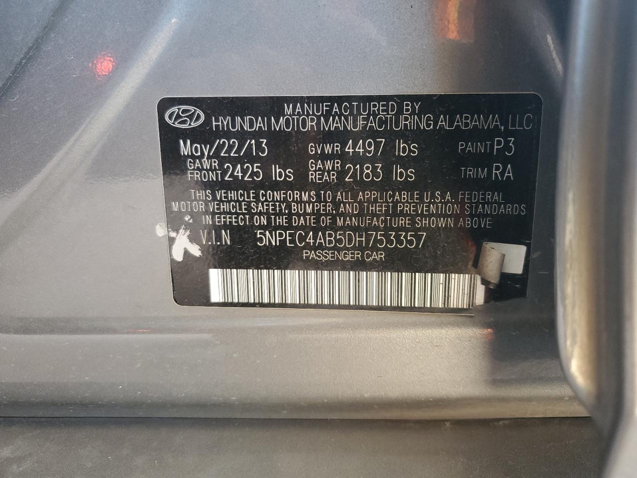 2013 Hyundai Sonata Se VIN: 5NPEC4AB5DH753357 Lot: 81989155