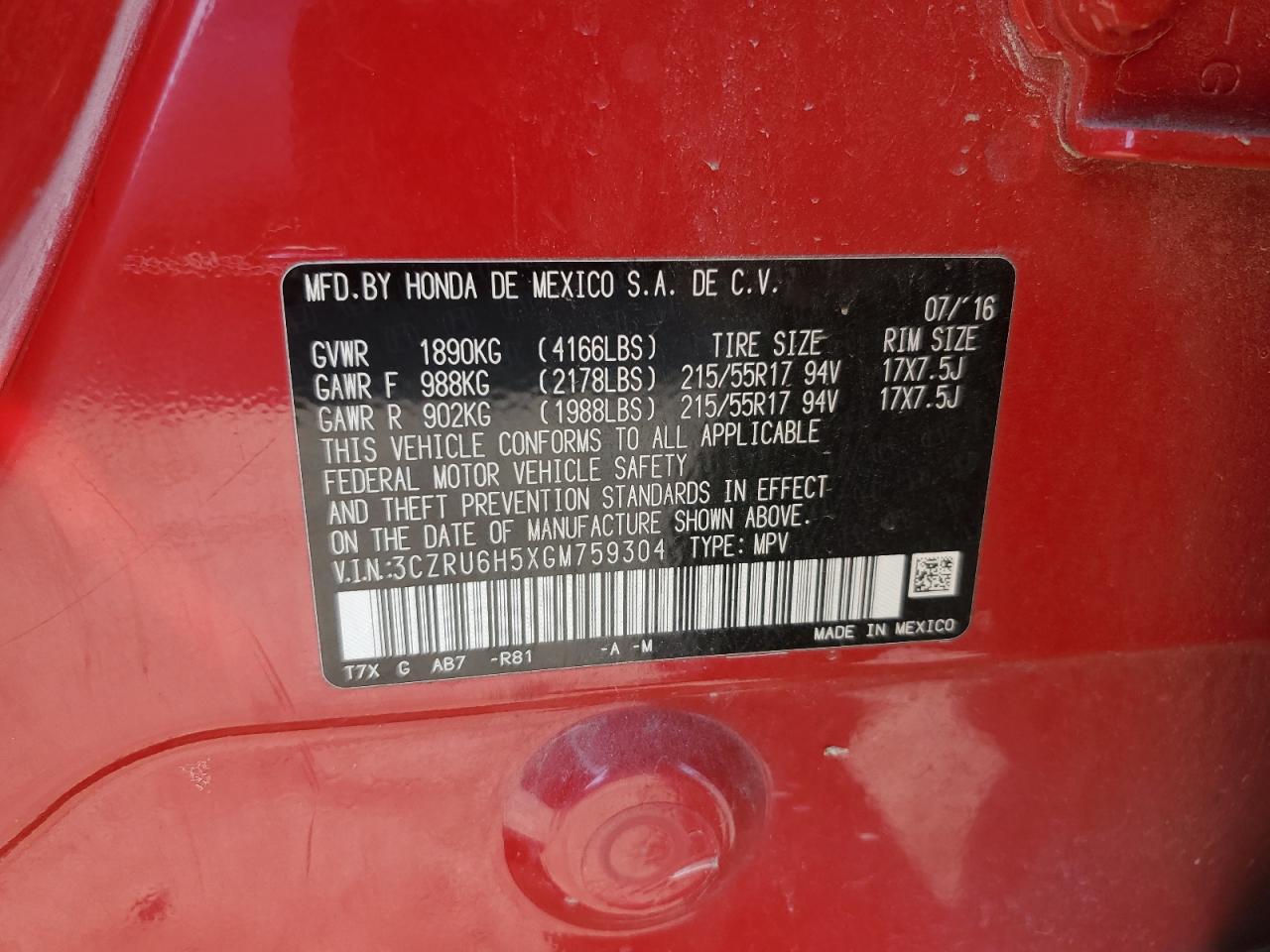 2016 Honda Hr-V Ex VIN: 3CZRU6H5XGM759304 Lot: 82201065