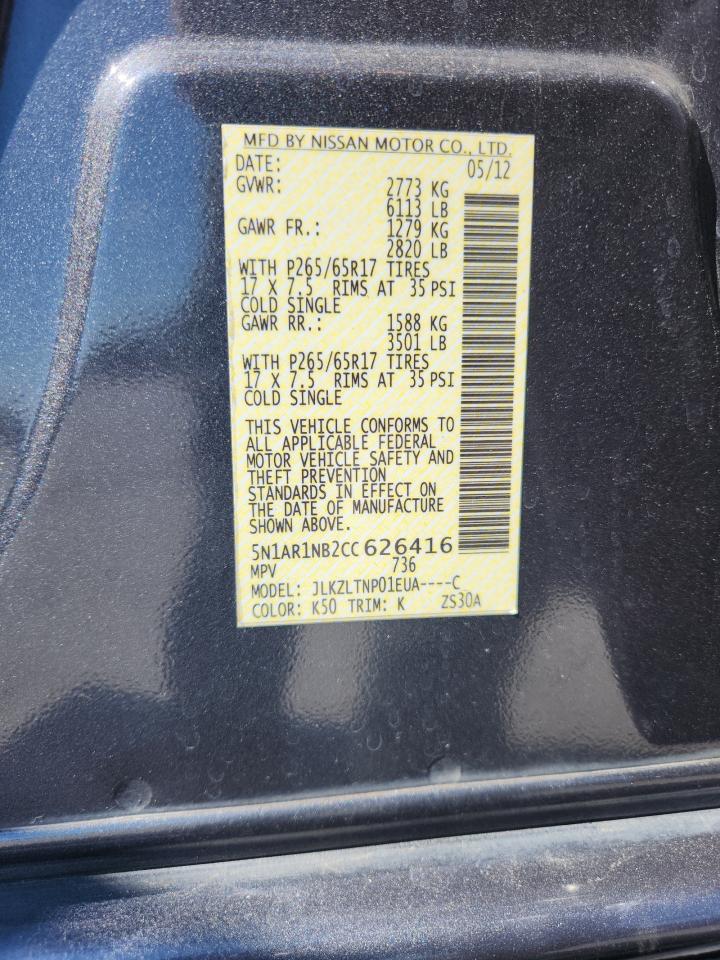 2012 Nissan Pathfinder S VIN: 5N1AR1NB2CC626416 Lot: 85745535