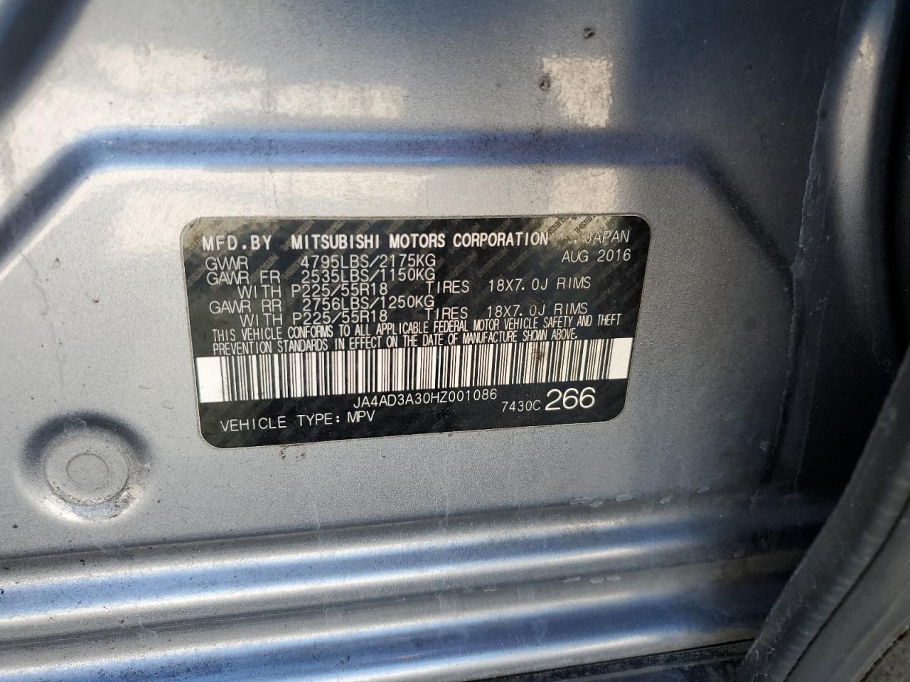 2017 Mitsubishi Outlander Se VIN: JA4AD3A30HZ001086 Lot: 82474855