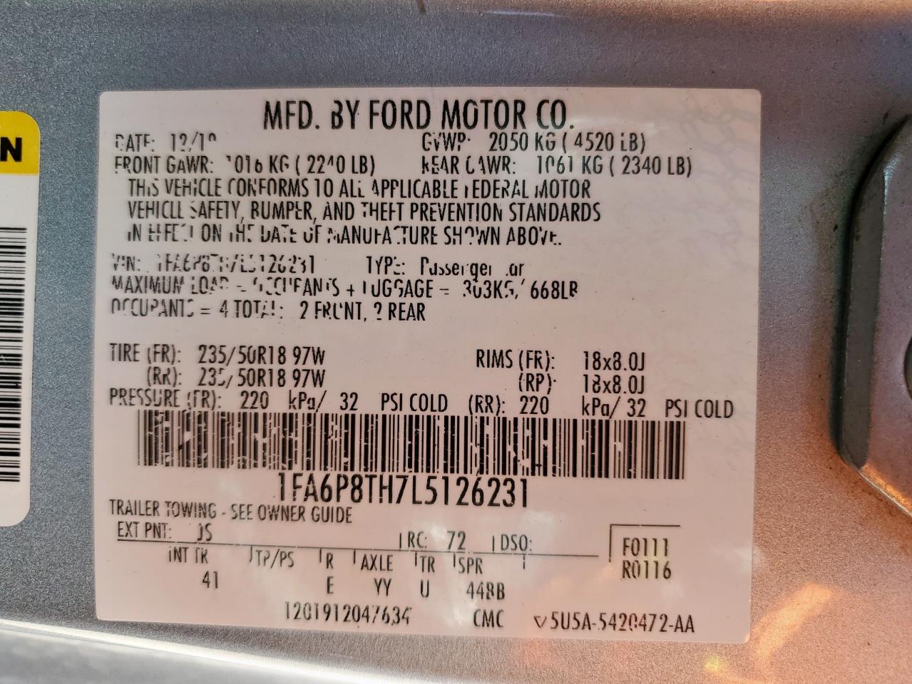 2020 Ford Mustang VIN: 1FA6P8TH7L5126231 Lot: 84888445