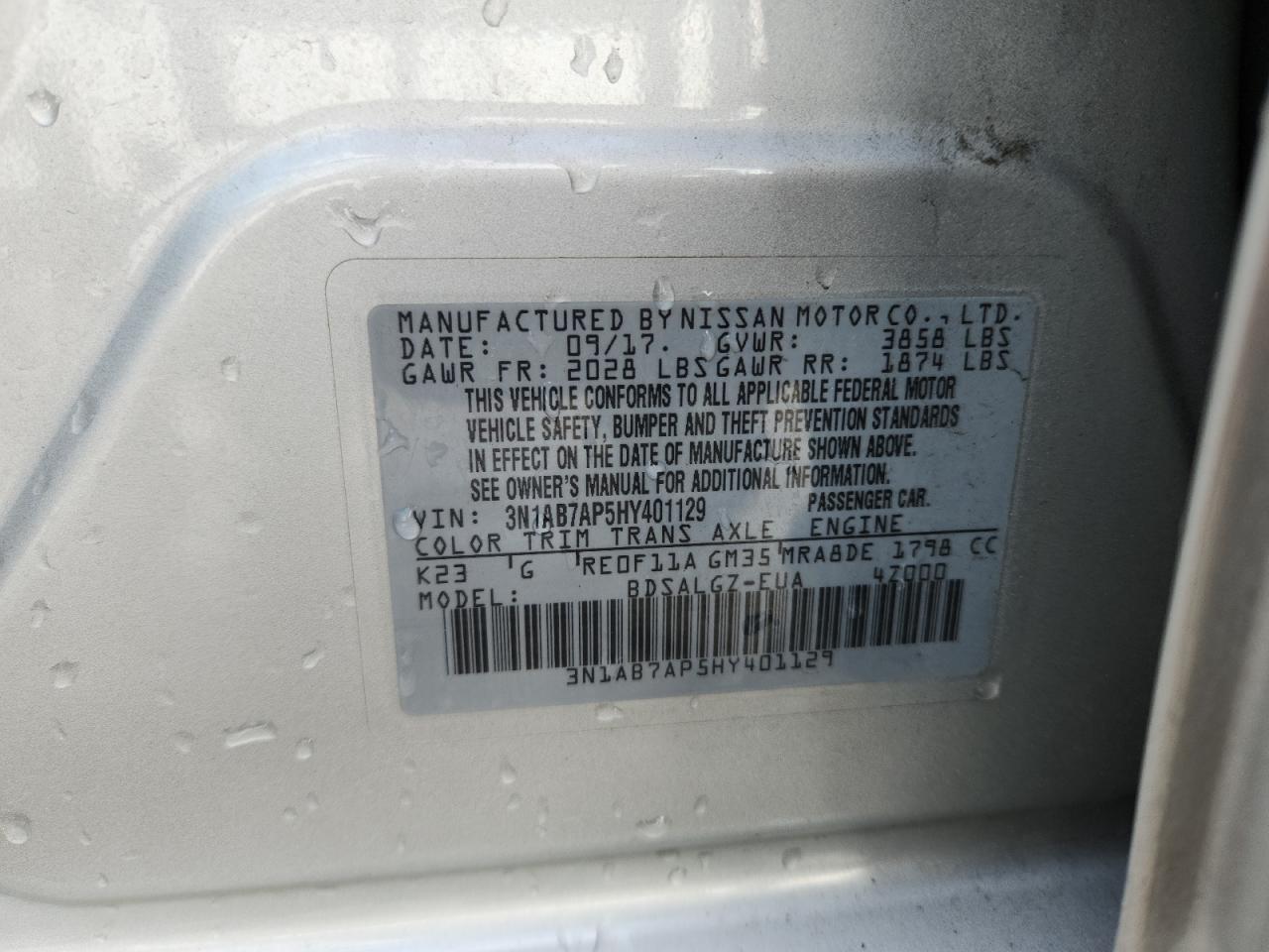 2017 Nissan Sentra S VIN: 3N1AB7AP5HY401129 Lot: 87382235