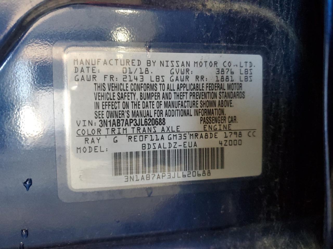 2018 Nissan Sentra S VIN: 3N1AB7AP3JL620688 Lot: 86116645