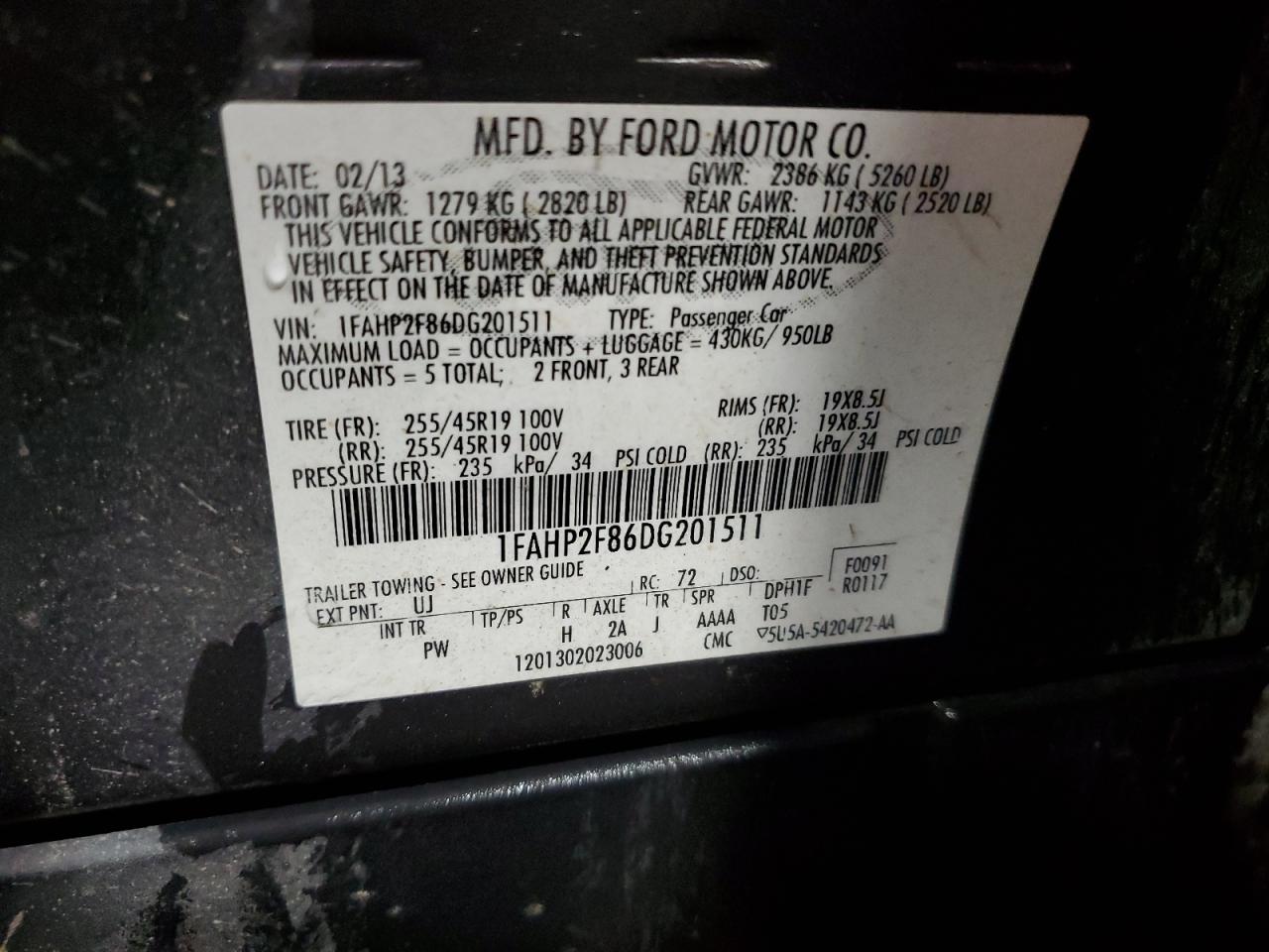 2013 Ford Taurus Limited VIN: 1FAHP2F86DG201511 Lot: 85691195