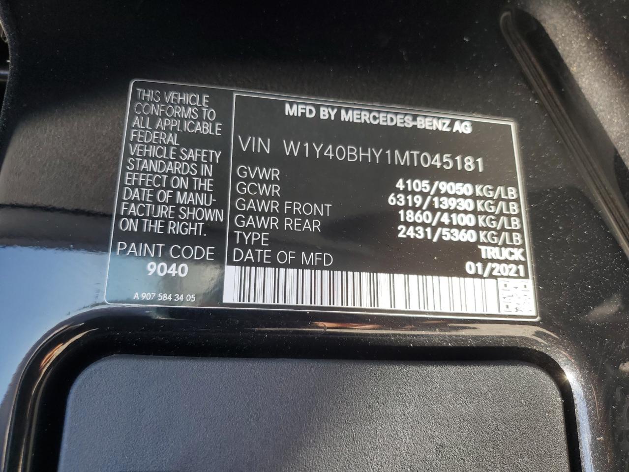 2021 Mercedes-Benz Sprinter 2500 VIN: W1Y40BHY1MT045181 Lot: 86802955