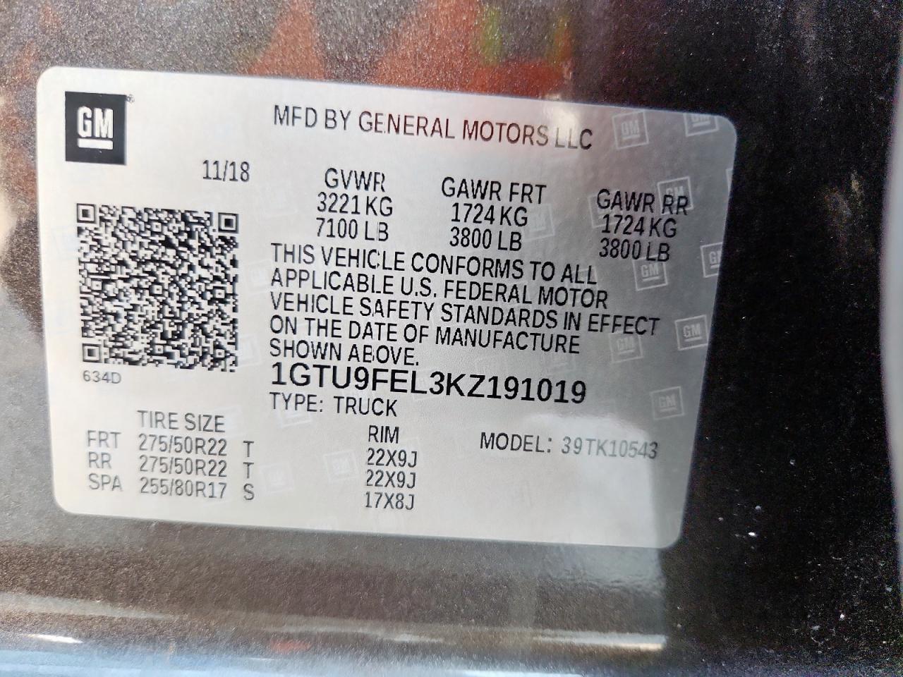 2019 GMC Sierra K1500 Denali VIN: 1GTU9FEL3KZ191019 Lot: 86663875
