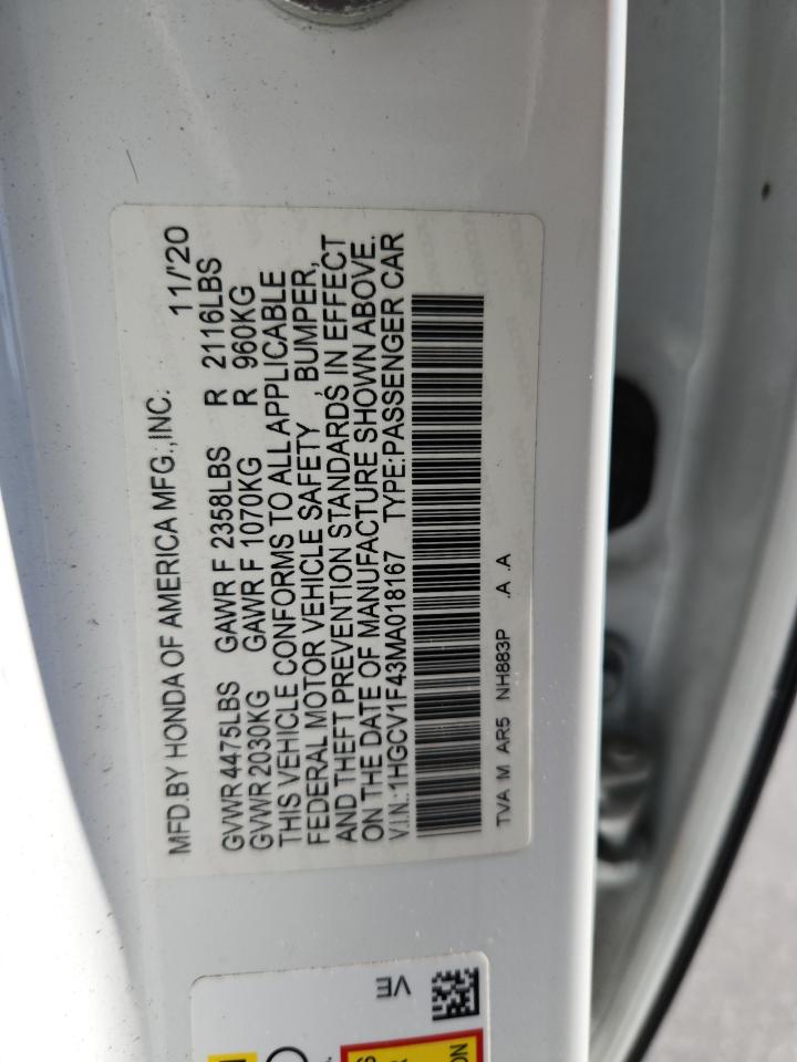 2021 Honda Accord Sport Se VIN: 1HGCV1F43MA018167 Lot: 84983245