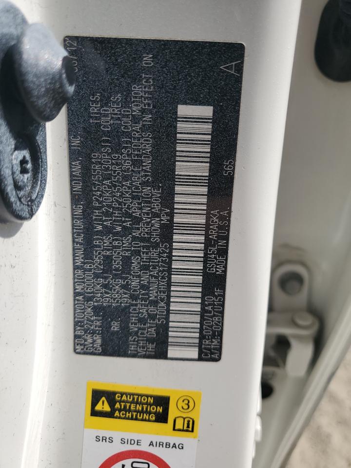 2012 Toyota Highlander Limited VIN: 5TDDK3EHXCS173425 Lot: 85074635