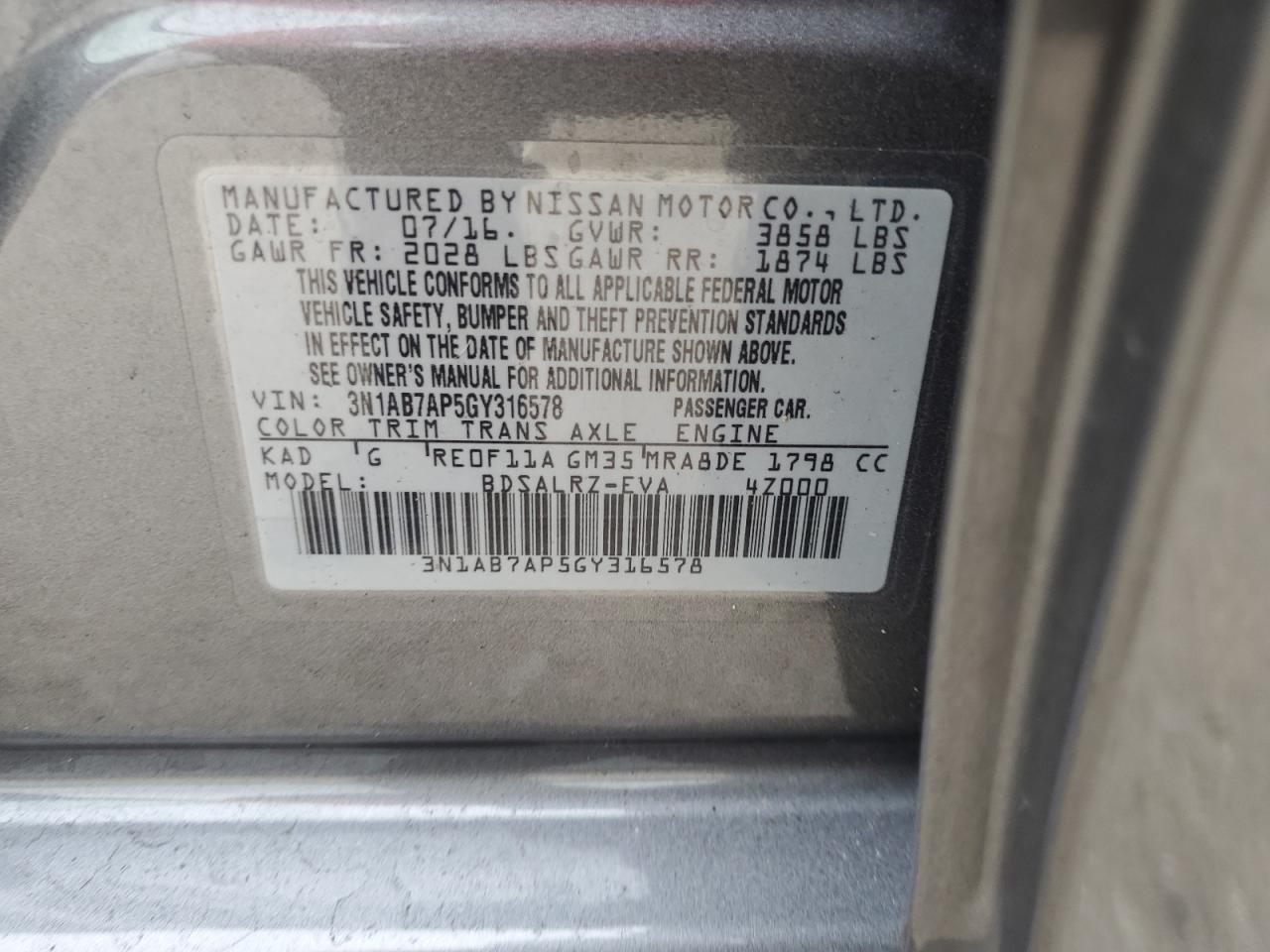 2016 Nissan Sentra S VIN: 3N1AB7AP5GY316578 Lot: 81947285