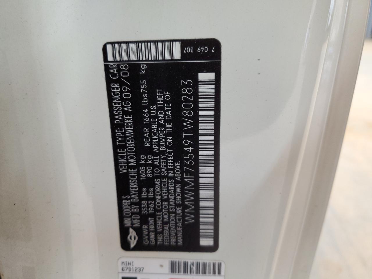 2009 Mini Cooper S VIN: WMWMF73549TW80283 Lot: 82452115