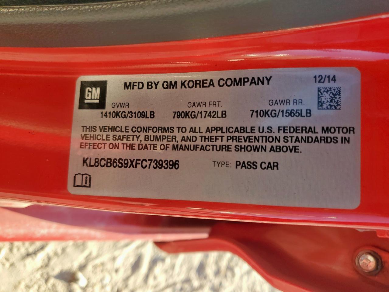 2015 Chevrolet Spark Ls VIN: KL8CB6S9XFC739396 Lot: 86171075