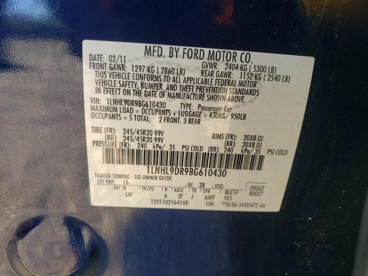 2011 Lincoln Mks VIN: 1LNHL9DR9BG610430 Lot: 85532765